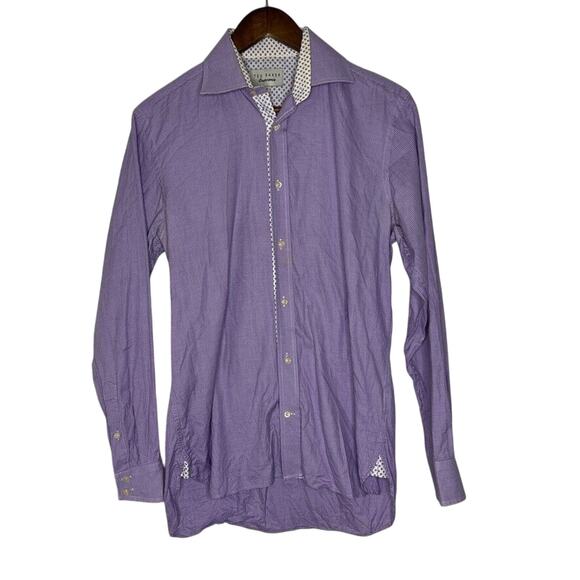 Ted Baker Endurance Men's 15 Purple Dress Shirt Geometric Contrast Cuffs Slim - Picture 1 of 9